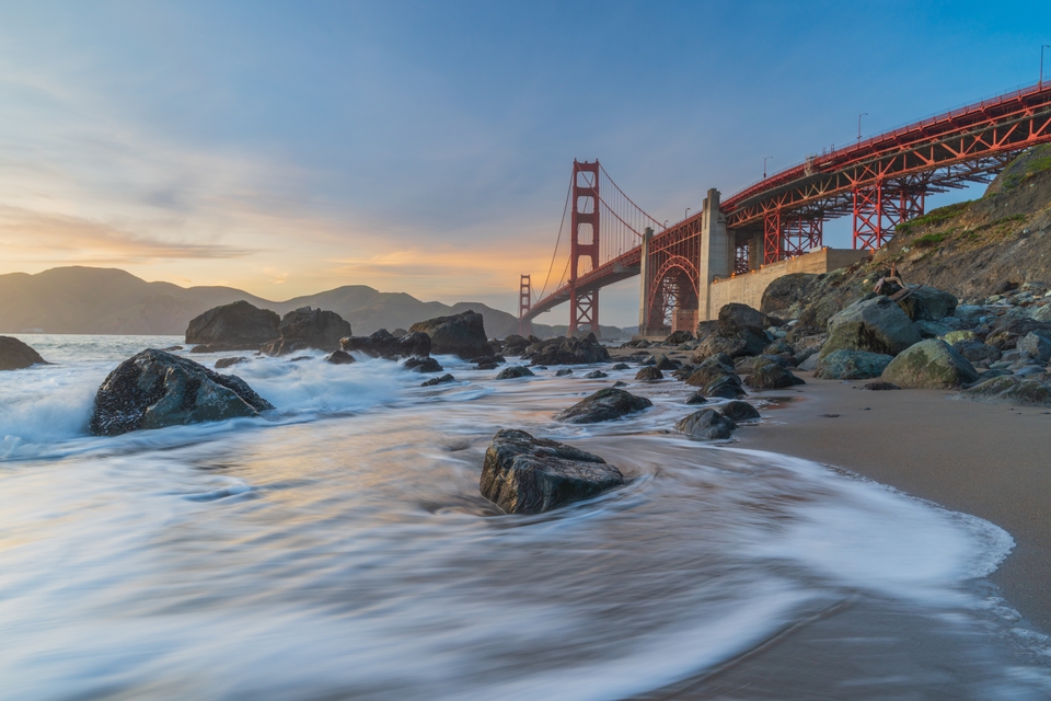 Sunset in Marshall's Beach with Golden Gate brdige in back